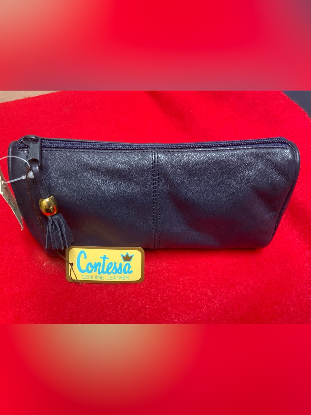 Contessa Genuine Leather Black Cosmetic Pouch with Tassel